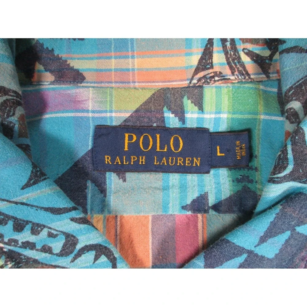 Vtg Polo Ralph Lauren Shirt Men‎ L  Blue Plaid Southwest Fish Print Button Front
